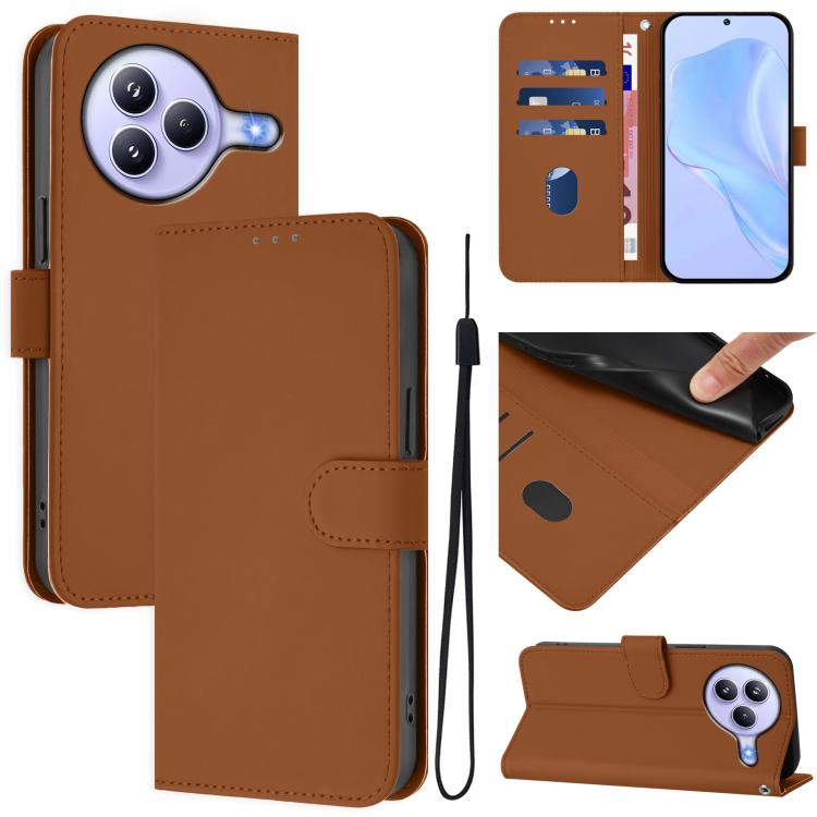 

For Xiaomi Civi 5 Pro 5G Skin Feel Solid Color Leather Phone Case with Lanyard(Brown)