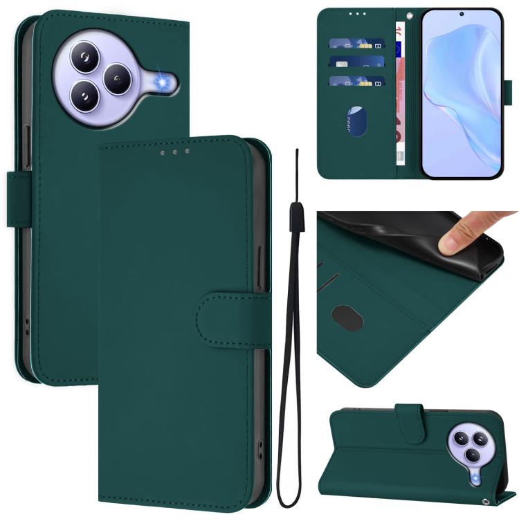 

For Xiaomi Civi 5 Pro 5G Skin Feel Solid Color Leather Phone Case with Lanyard(Dark Green)