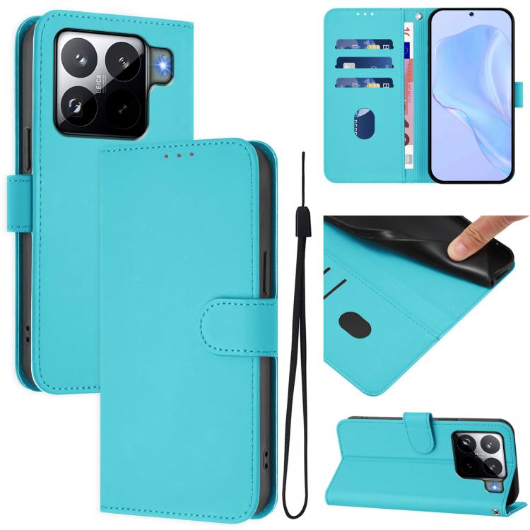 

For Xiaomi 15S Pro 5G Skin Feel Solid Color Leather Phone Case with Lanyard(Lake Blue)