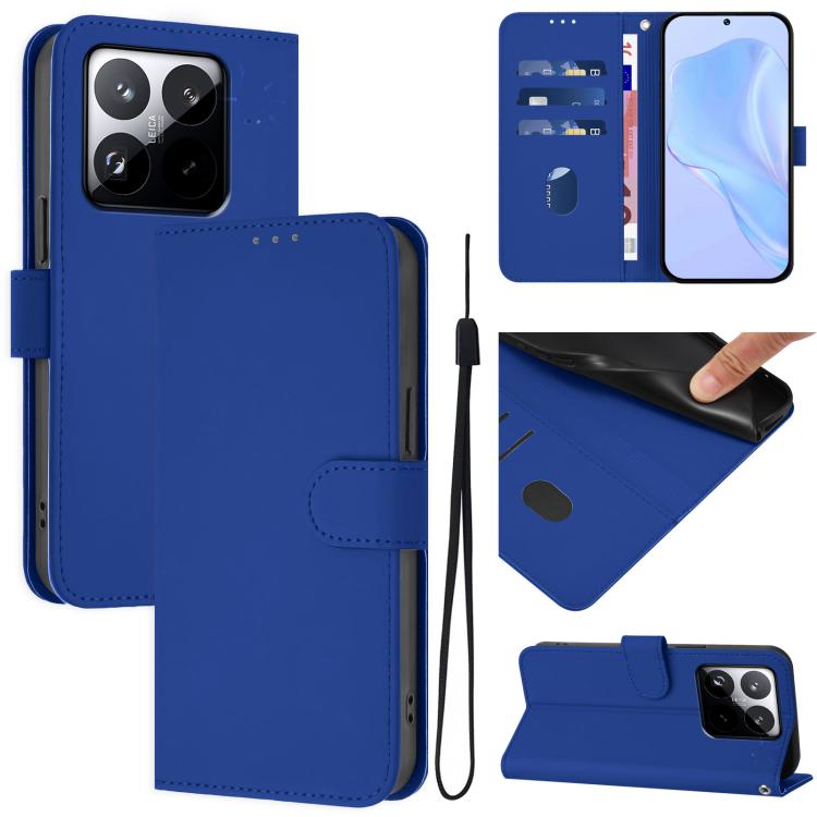 

For Xiaomi 15T 5G Skin Feel Solid Color Leather Phone Case with Lanyard(Dark Blue)