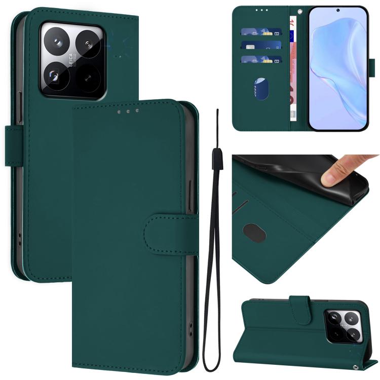 

For Xiaomi 15T 5G Skin Feel Solid Color Leather Phone Case with Lanyard(Dark Green)
