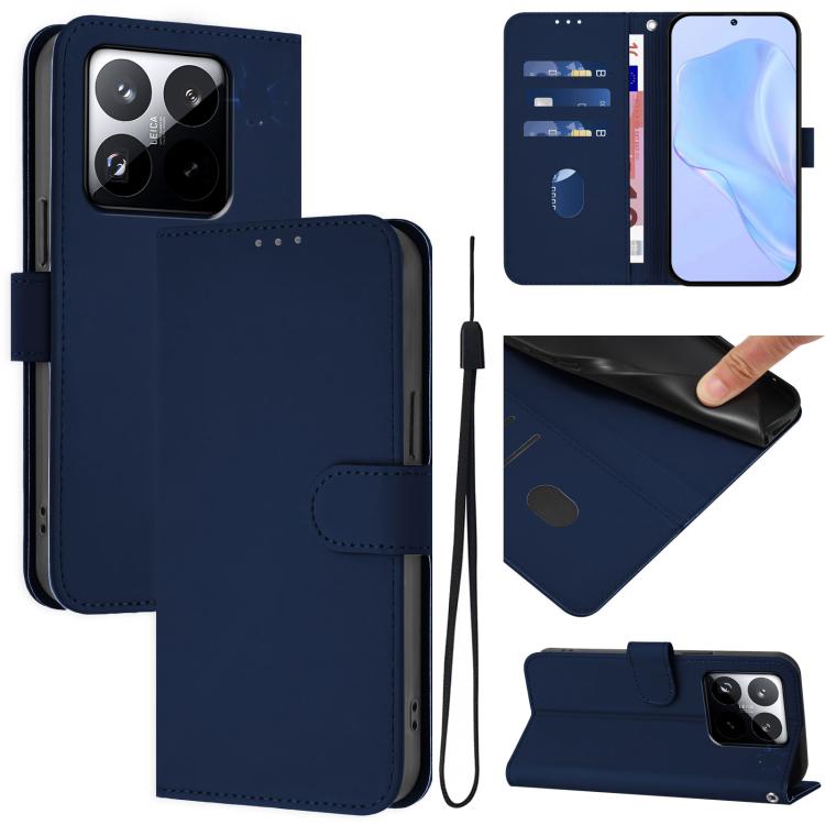 

For Xiaomi 15T 5G Skin Feel Solid Color Leather Phone Case with Lanyard(Navy Blue)