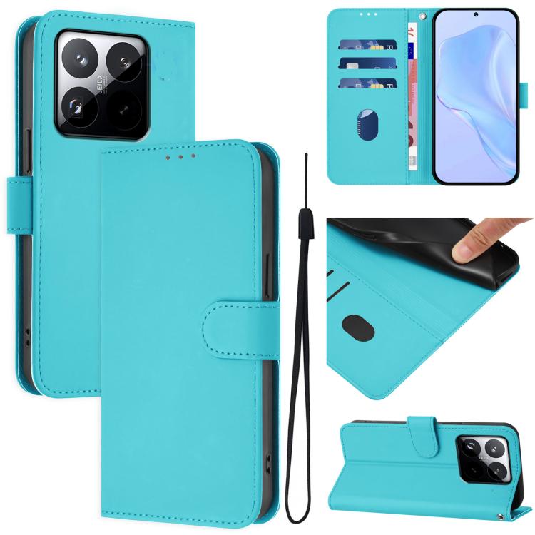 

For Xiaomi 15T 5G Skin Feel Solid Color Leather Phone Case with Lanyard(Lake Blue)