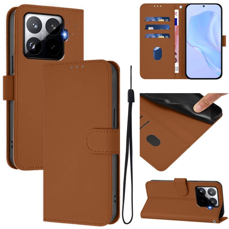 

For Xiaomi 15T Pro 5G Skin Feel Solid Color Leather Phone Case with Lanyard(Brown)