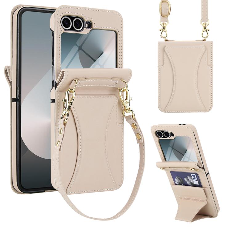 

For Samsung Galaxy Z Flip6 Integrated Fold Holder Card Slot Phone Case with Long & Short Lanyard(White)