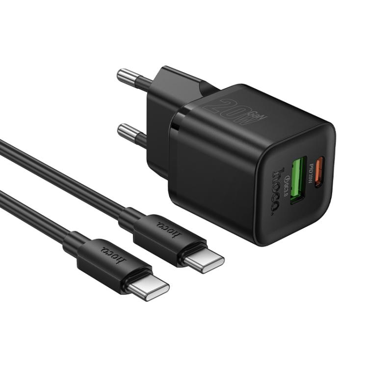 

hoco N65 Ingenious GaN PD20W Type-C and QC3.0USB Charger with 1m Type-C to Type-C Cable, EU Plug(Black)