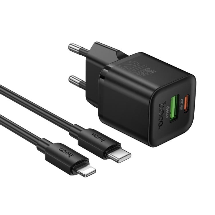 

hoco N65 Ingenious GaN PD20W Type-C and QC3.0USB Charger with 1m Type-C to 8 Pin Cable, EU Plug(Black)