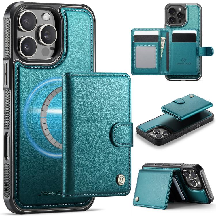 

For iPhone 16 Pro Max JEEHOOD J09 Buckle Card Bag MagSafe Magnetic Style RFID Leather Phone Case(Green)