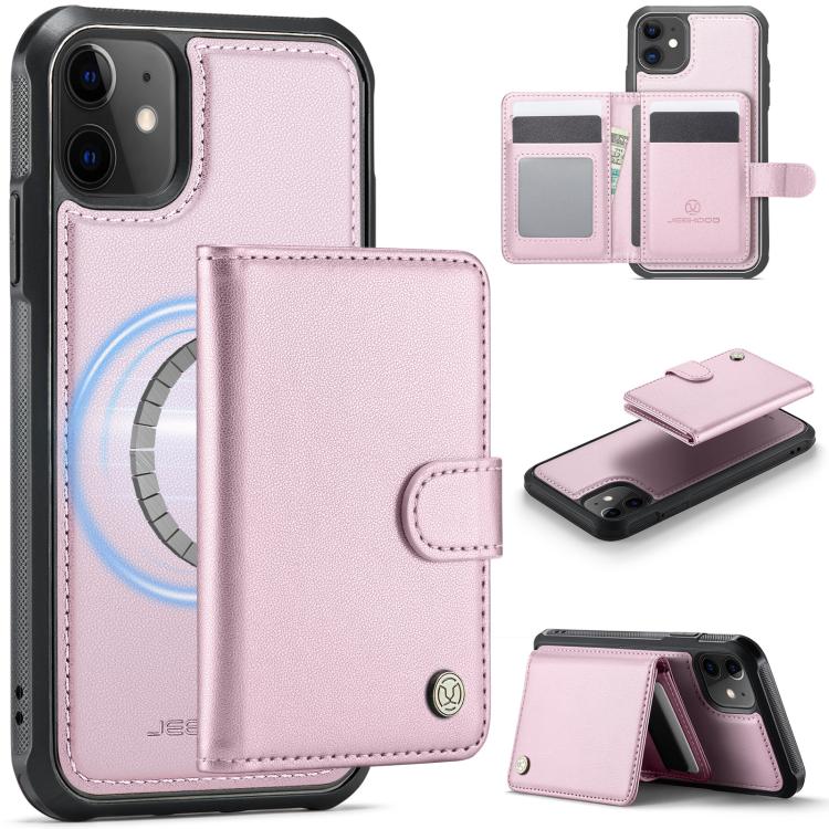 

For iPhone 12 / 12 Pro JEEHOOD J09 Buckle Card Bag MagSafe Magnetic Style RFID Leather Phone Case(Pink)