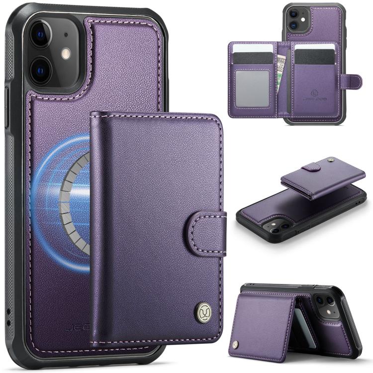 

For iPhone 11 JEEHOOD J09 Buckle Card Bag MagSafe Magnetic Style RFID Leather Phone Case(Purple)