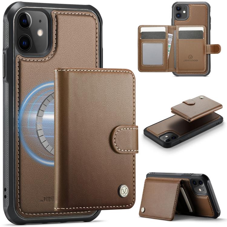 

For iPhone 11 JEEHOOD J09 Buckle Card Bag MagSafe Magnetic Style RFID Leather Phone Case(Brown)