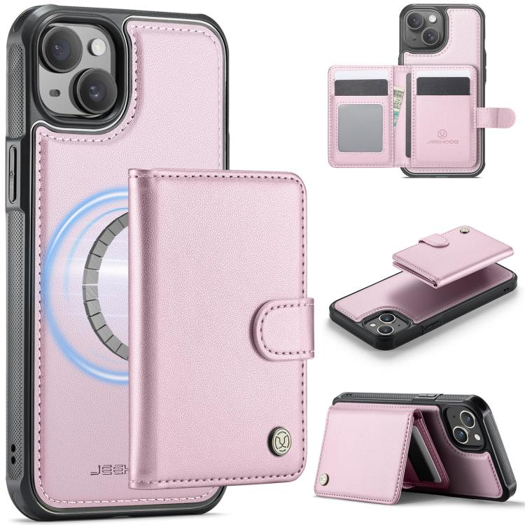 

For iPhone 14 JEEHOOD J09 Buckle Card Bag MagSafe Magnetic Style RFID Leather Phone Case(Pink)