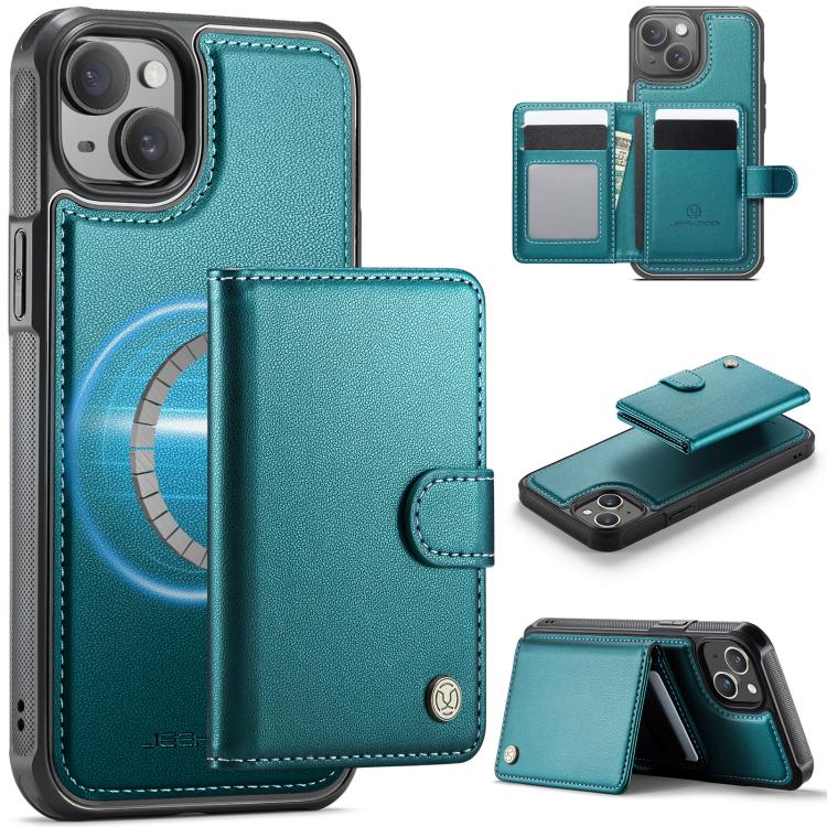 

For iPhone 14 JEEHOOD J09 Buckle Card Bag MagSafe Magnetic Style RFID Leather Phone Case(Green)