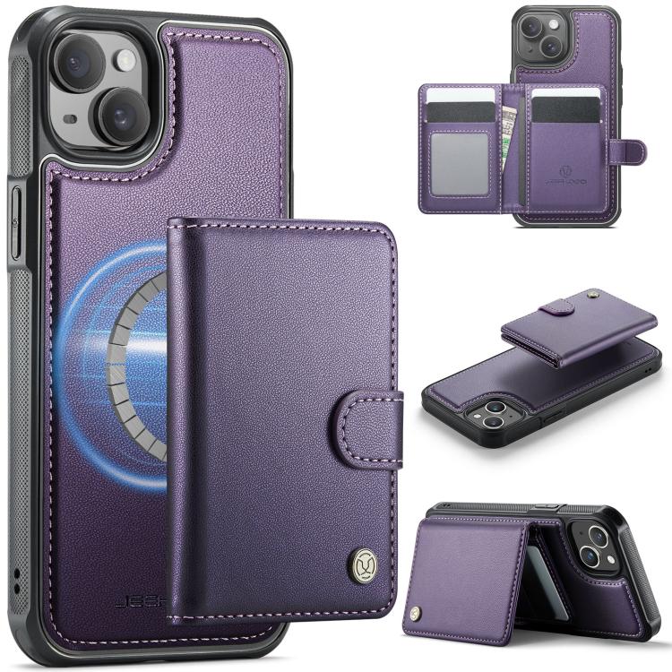 

For iPhone 15 Plus / 14 Plus JEEHOOD J09 Buckle Card Bag MagSafe Magnetic Style RFID Leather Phone Case(Purple)