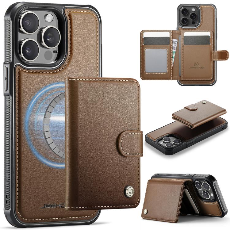 

For iPhone 13 Pro Max JEEHOOD J09 Buckle Card Bag MagSafe Magnetic Style RFID Leather Phone Case(Brown)