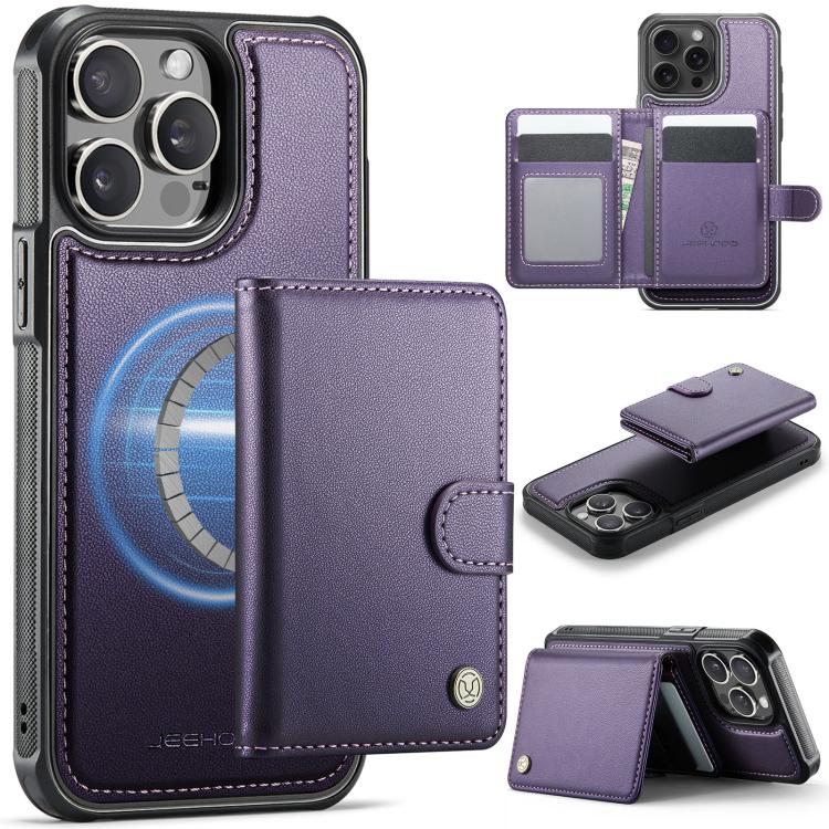 For iPhone 13 Pro JEEHOOD J09 Buckle Card Bag MagSafe Magnetic Style RFID Leather Phone Case(Purple)