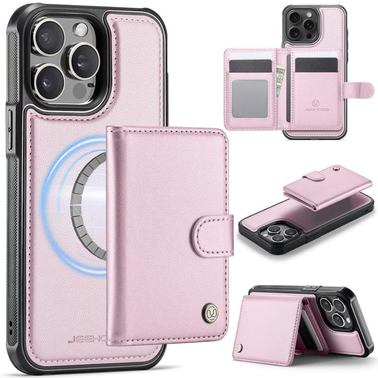 

For iPhone 14 Pro JEEHOOD J09 Buckle Card Bag MagSafe Magnetic Style RFID Leather Phone Case(Pink)