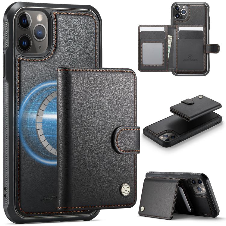 

For iPhone 11 Pro Max JEEHOOD J09 Buckle Card Bag MagSafe Magnetic Style RFID Leather Phone Case(Black)