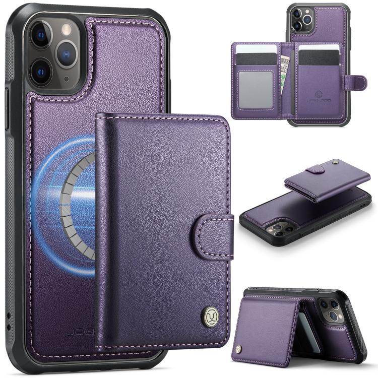 

For iPhone 11 Pro JEEHOOD J09 Buckle Card Bag MagSafe Magnetic Style RFID Leather Phone Case(Purple)