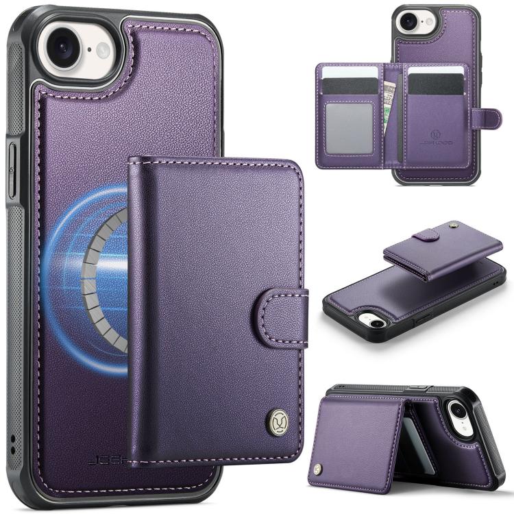 

For iPhone 16e JEEHOOD J09 Buckle Card Bag MagSafe Magnetic Style RFID Leather Phone Case(Purple)