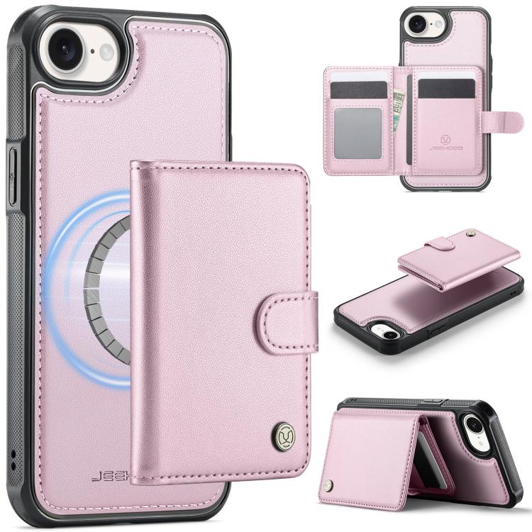 

For iPhone 16e JEEHOOD J09 Buckle Card Bag MagSafe Magnetic Style RFID Leather Phone Case(Pink)