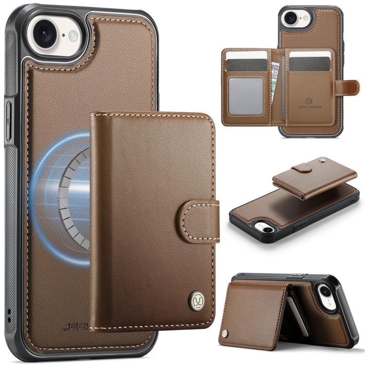 

For iPhone 16e JEEHOOD J09 Buckle Card Bag MagSafe Magnetic Style RFID Leather Phone Case(Brown)