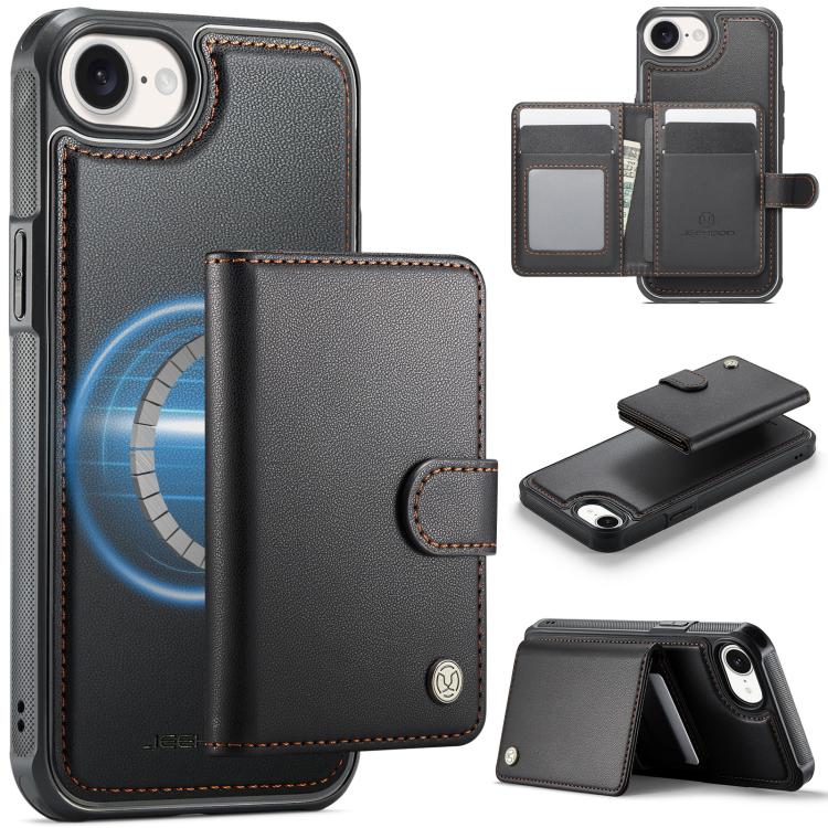

For iPhone 16e JEEHOOD J09 Buckle Card Bag MagSafe Magnetic Style RFID Leather Phone Case(Black)