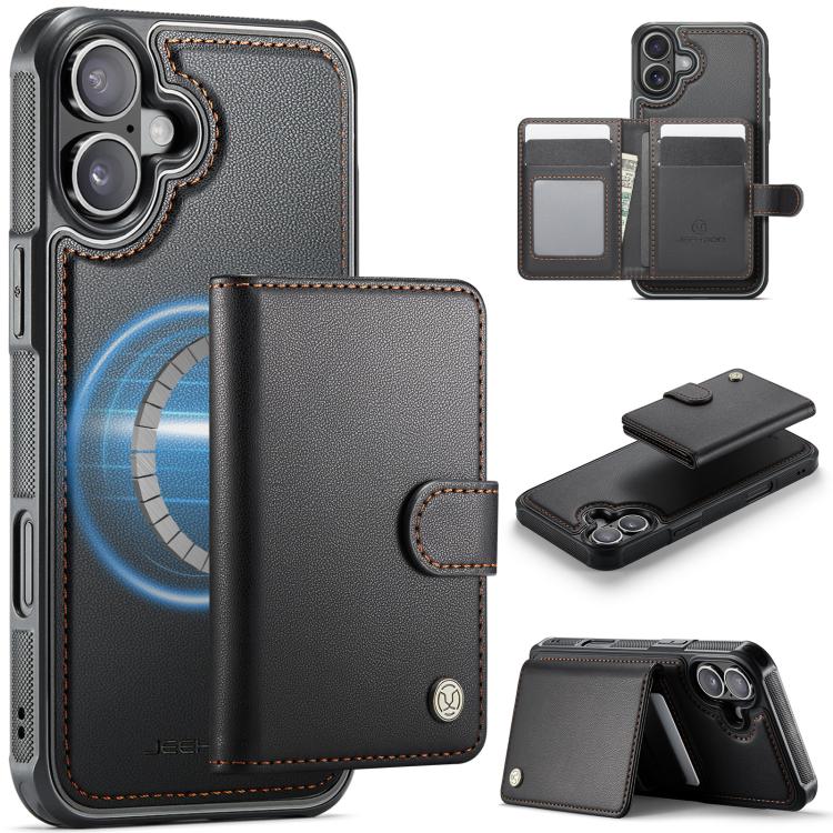 

For iPhone 16 Plus JEEHOOD J09 Buckle Card Bag MagSafe Magnetic Style RFID Leather Phone Case(Black)