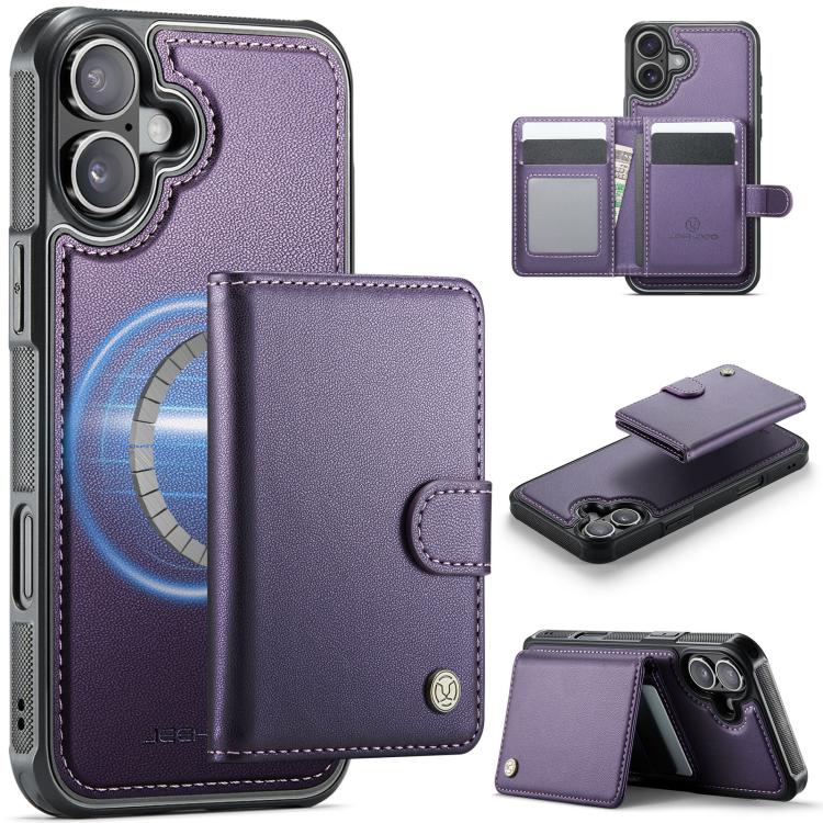 

For iPhone 16 JEEHOOD J09 Buckle Card Bag MagSafe Magnetic Style RFID Leather Phone Case(Purple)
