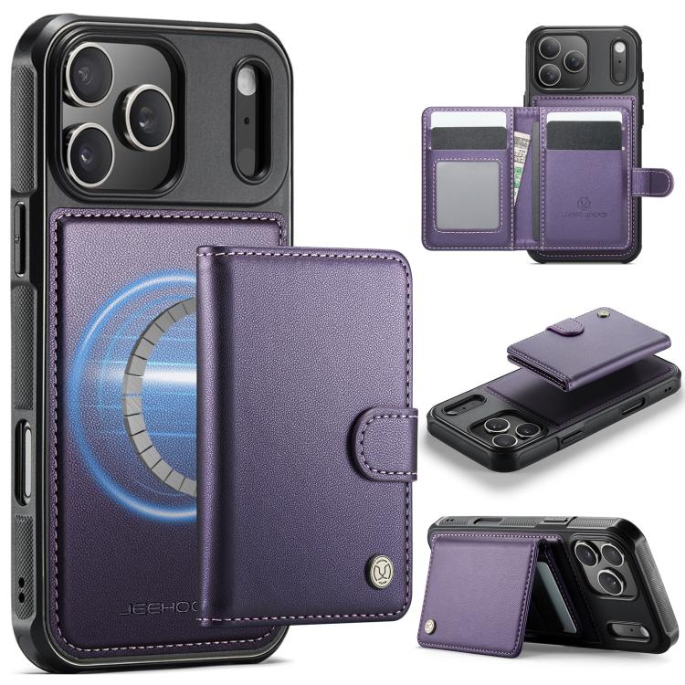 

For iPhone 17 Pro Max JEEHOOD J09 Buckle Card Bag MagSafe Magnetic Style RFID Leather Phone Case(Purple)