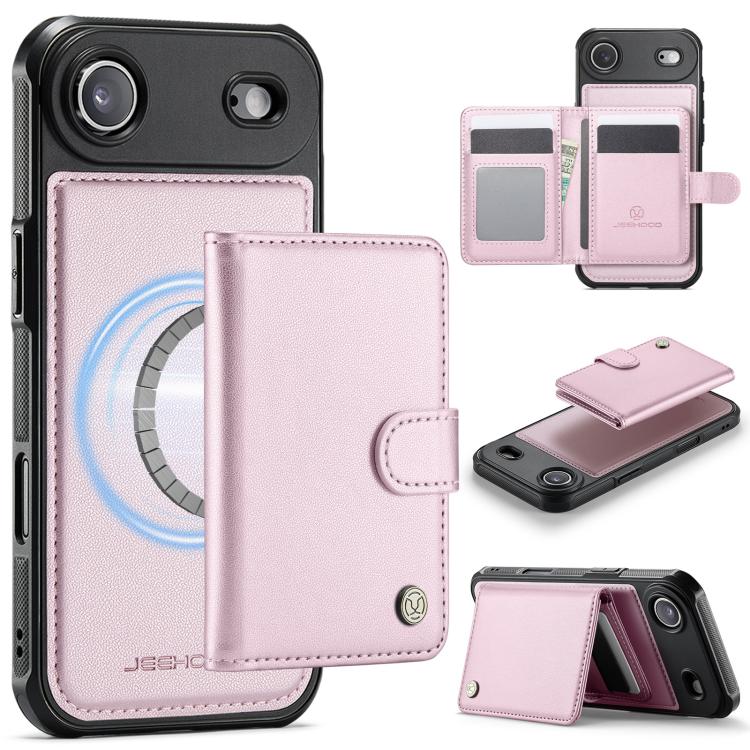 For iPhone Air JEEHOOD J09 Buckle Card Bag MagSafe Magnetic Style RFID Leather Phone Case(Pink)