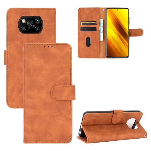 

For Xiaomi Poco X3 NFC Solid Color Skin Feel Magnetic Buckle Horizontal Flip Calf Texture PU Leather Case with Holder & Card Slots & Wallet(Brown)