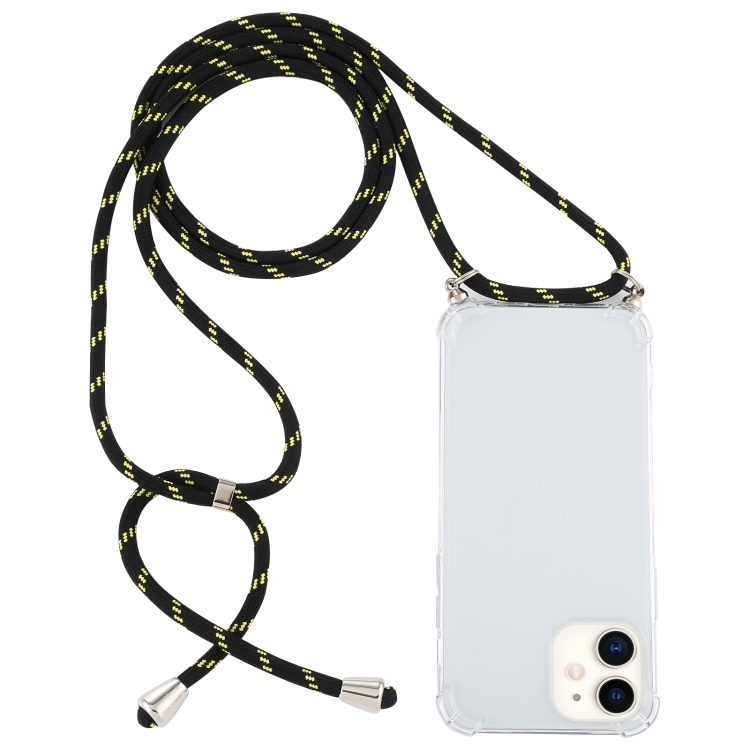

For iPhone 12 mini Four-Corner Shockproof Transparent TPU Case with Lanyard(Black Green)
