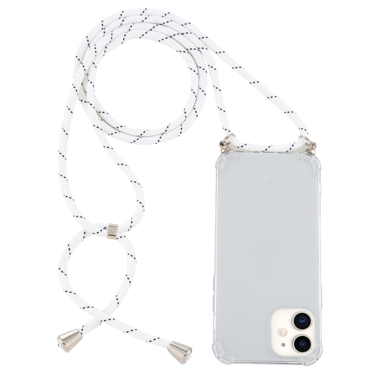 

For iPhone 12 mini Four-Corner Shockproof Transparent TPU Case with Lanyard(White Black)