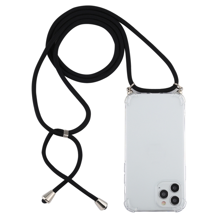 

For iPhone 12 / 12 Pro Four-Corner Shockproof Transparent TPU Case with Lanyard(Black)