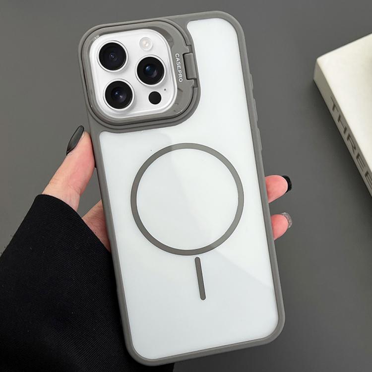 

For iPhone 16 Pro PC Lens Holder MagSafe Magnetic Phone Case(Grey)