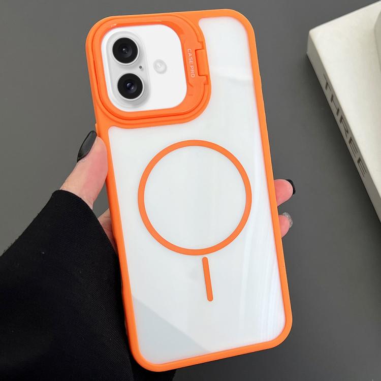 

For iPhone 16 PC Lens Holder MagSafe Magnetic Phone Case(Orange)