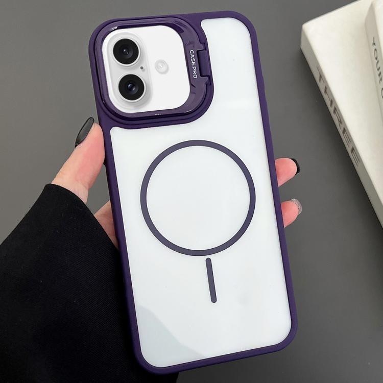 

For iPhone 16 PC Lens Holder MagSafe Magnetic Phone Case(Purple)