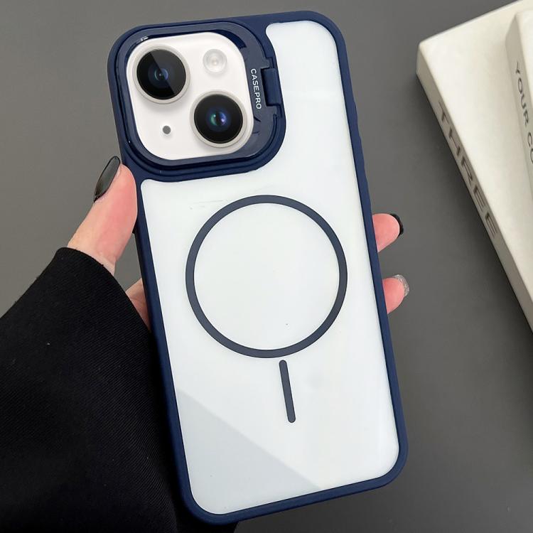 

For iPhone 15 PC Lens Holder MagSafe Magnetic Phone Case(Blue)