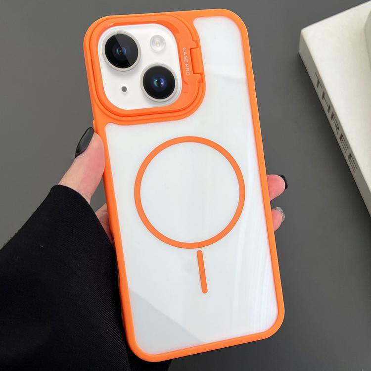 

For iPhone 14 Plus PC Lens Holder MagSafe Magnetic Phone Case(Orange)
