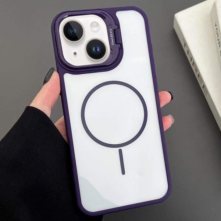 

For iPhone 14 PC Lens Holder MagSafe Magnetic Phone Case(Purple)