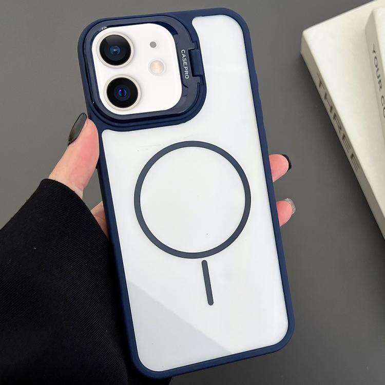

For iPhone 12 PC Lens Holder MagSafe Magnetic Phone Case(Blue)