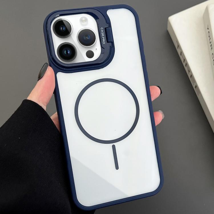 

For iPhone 12 Pro Max PC Lens Holder MagSafe Magnetic Phone Case(Blue)