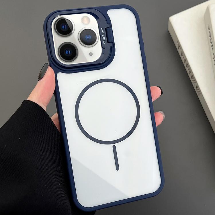 

For iPhone 11 Pro Max PC Lens Holder MagSafe Magnetic Phone Case(Blue)