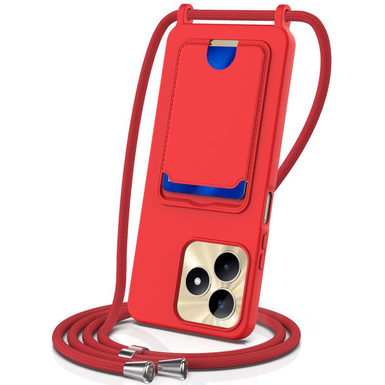 

For Realme Narzo N53 4G / Note 50 4G Integrated Card Bag Solid Color Liquid Silicone Phone Case with Lanyard(Red)