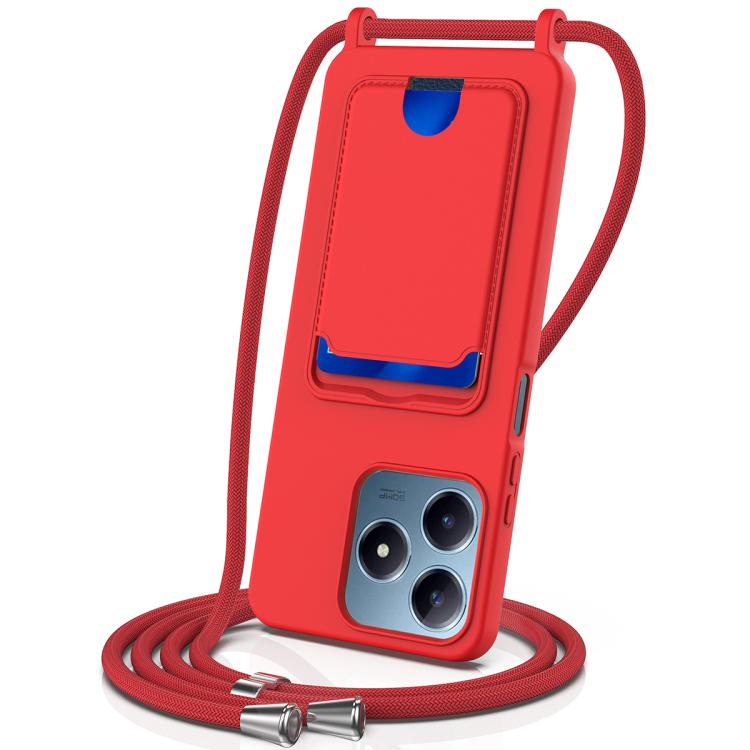 

For Realme Note 60 / Note 60x Integrated Card Bag Solid Color Liquid Silicone Phone Case with Lanyard(Red)