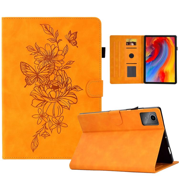 

For Lenovo Xiaoxin Pad 11 2025 Peony Butterfly Embossed Leather Smart Tablet Case(Khaki)