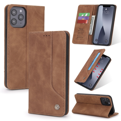 

For iPhone 12 Pro Max POLA 008 Series Retro Magnetic Horizontal Flip Leather Case with Holder & Card Slots(Brown)