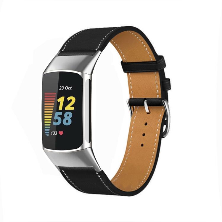 

For Fitbit Charge 6 / 5 Cowhide Leather Watch Band(Black White Line)