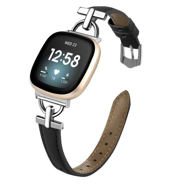 

For Fitbit Versa 3 / 4 / Sense 2 D Metal Genuine Leather Watch Band(Black)